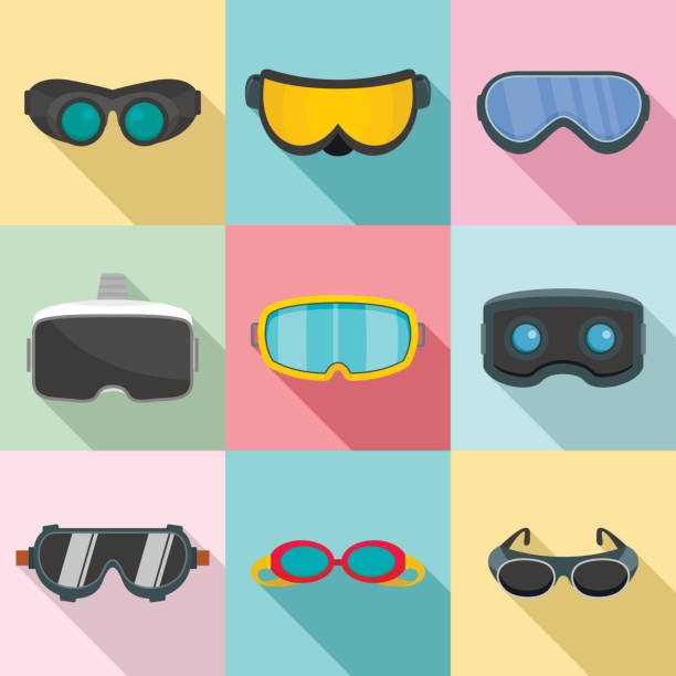 Goggles ski glass mask icons set, flat style Goggles ski glass mask icons set. Flat illustration of 9 goggles ski glass mask vector icons for web ski goggles stock illustrations