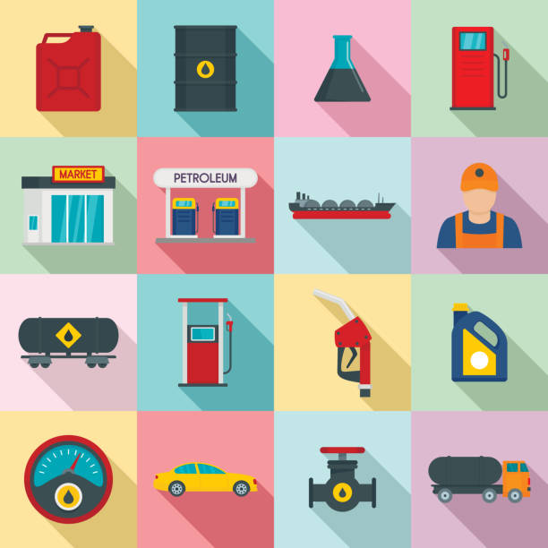 tankstelle gas brennstoff shop icons set, flachen stil - kraftstoffpumpe stock-grafiken, -clipart, -cartoons und -symbole