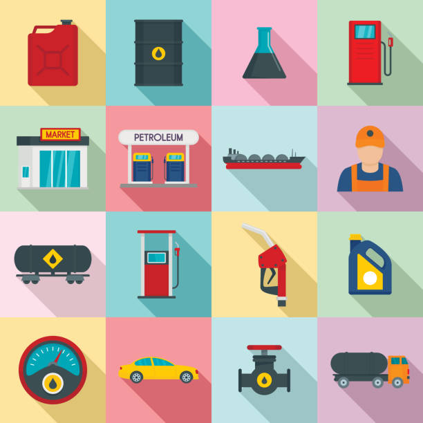 ilustraciones, imágenes clip art, dibujos animados e iconos de stock de gasolinera tienda iconos sistema de gas combustible, estilo plano - bomba de combustible