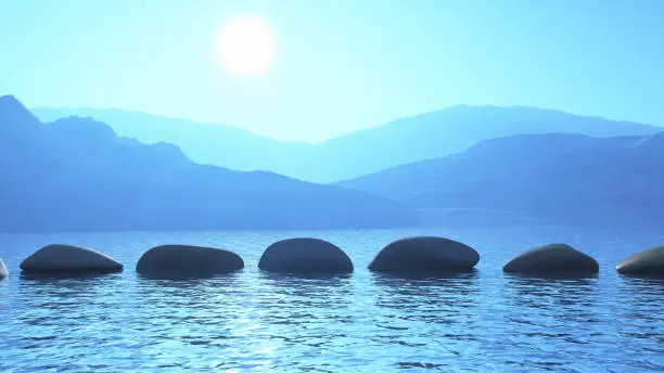 3D render of stepping stones in the ocean against a mountain landscape