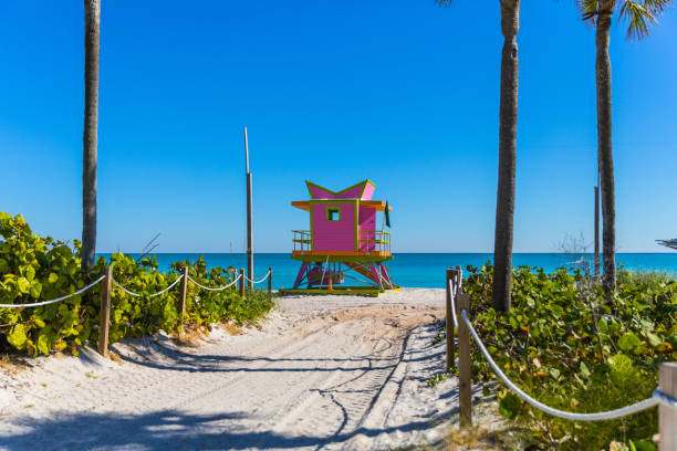 istock Pink Lifeguard tower in Miami Beach - Florida 1010068196