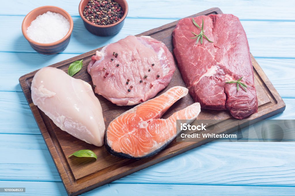 salmon , beef , pork and chicken Mix of steak meat : salmon , beef , pork and chicken Meat Stock Photo