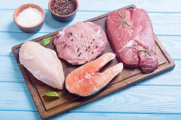 salmon , beef , pork and chicken Mix of steak meat : salmon , beef , pork and chicken poultry stock pictures, royalty-free photos & images