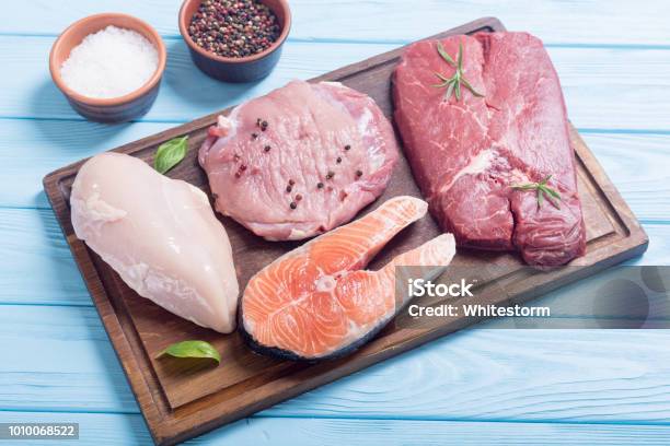 Salmon Beef Pork And Chicken Stock Photo - Download Image Now - Meat, Fish, Poultry