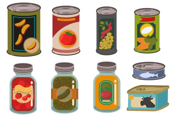 Vector illustration of Canned food in metal tin and glass jar vector set. Vegetables, fruits, juices, soups, meat and fish can products. Cartoon illustration of packages with labels isolated on white background.