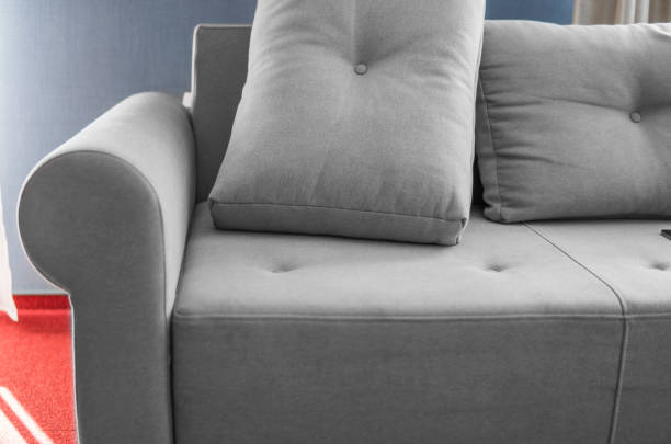 istock Comfortable grey couch in a living room with blue wall and red floor. 1010075430