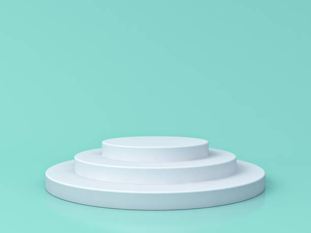 Blank white podium isolated on blue green pastel color background with reflections and shadows 3D rendering