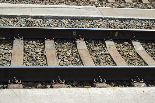 Railway lines for trains with rails, gravel and sleepers.