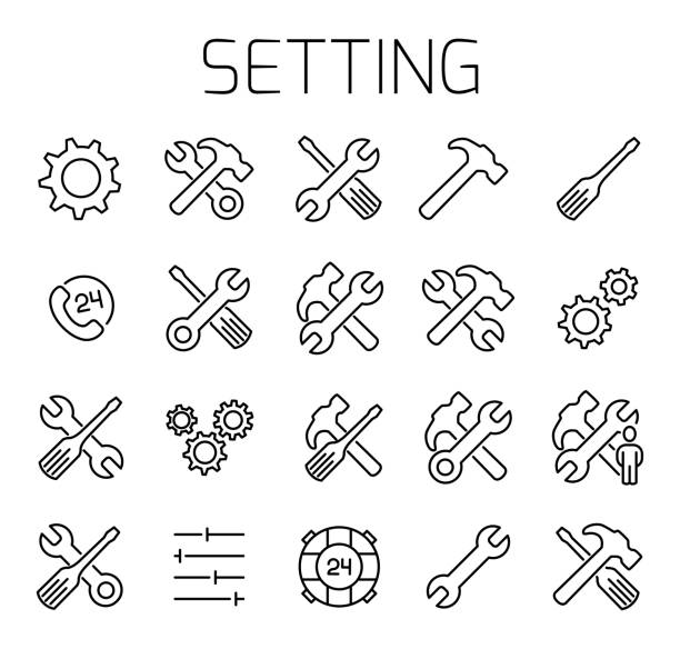 Setting related vector icon set. Setting related vector icon set. Well-crafted sign in thin line style with editable stroke. Vector symbols isolated on a white background. Simple pictograms. setter athlete stock illustrations