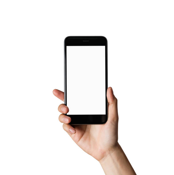 mano sosteniendo la pantalla en blanco smartphone aislado. - application software telephone social media smart phone fotografías e imágenes de stock