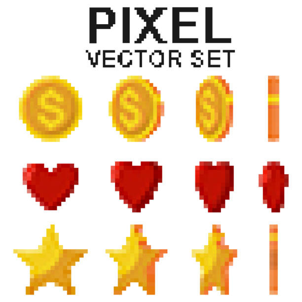 pixel gold münzen, sterne und rote herzen flips. vektor 8bit spielsymbole set isoliert auf einem weißen hintergrund. - bit stock-grafiken, -clipart, -cartoons und -symbole