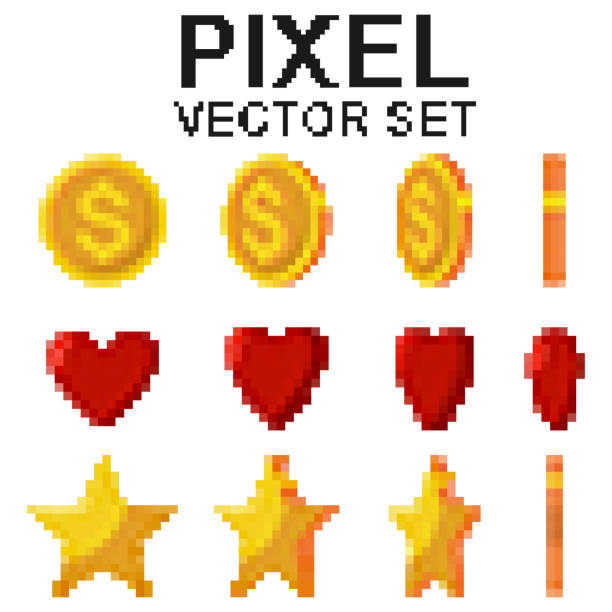 ilustrações de stock, clip art, desenhos animados e ícones de pixel gold coins, stars and red hearts flips. vector 8bit game icons set isolated on a white background. - bit