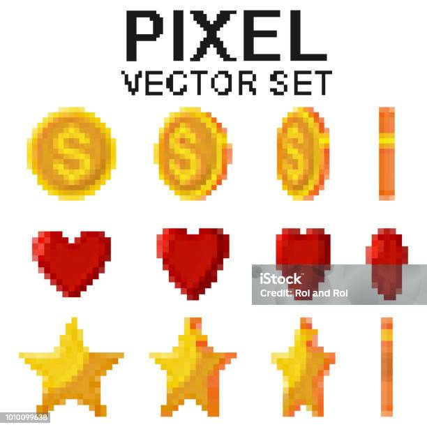 Pixel Gold Coins Stars And Red Hearts Flips Vector 8bit Game Icons Set Isolated On A White Background Stock Illustration - Download Image Now