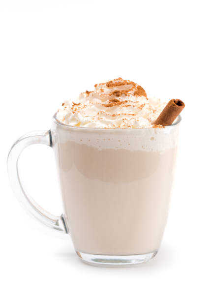 spiced drink with cinnamon stick on a white background - latté pumpkin spice coffee imagens e fotografias de stock