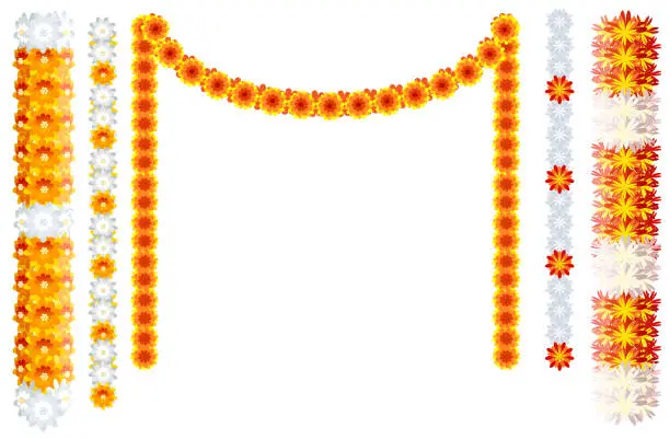 Vector illustration of Indian orange flower garland mala frame isolated on white