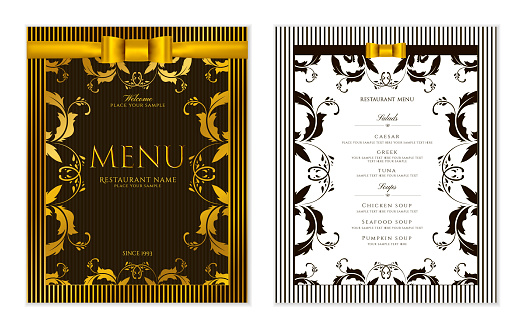 Elegant luxe gold cover useful for Cafe Menu, brochure, coffee house, wedding invitation design