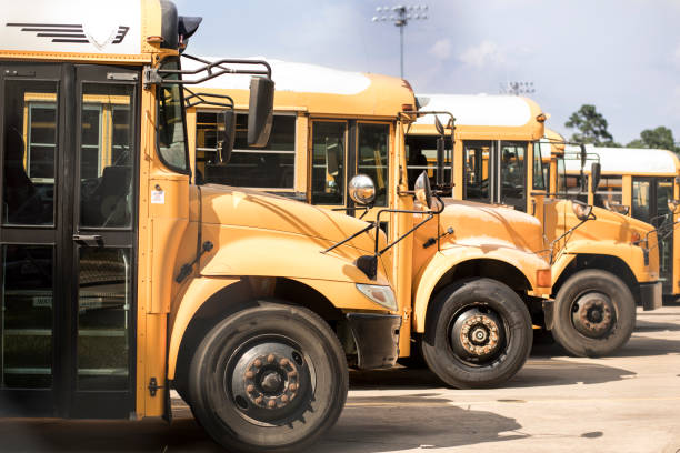 istock Back to School:  School buses in a row at the bus barn. 1010118952