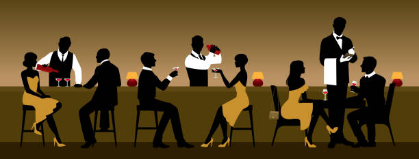 männer und frauen ruhen in einem nachtclub in der nähe der bar theke - eating silhouette men people stock-grafiken, -clipart, -cartoons und -symbole