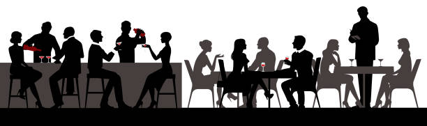 ludzie jedzą i piją napoje alkoholowe w restauracji bar hall ilustracji wektorowej - eating silhouette men people stock illustrations