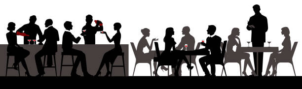 ilustrações de stock, clip art, desenhos animados e ícones de people eat and drink alcoholic beverages in the restaurant bar hall vector illustration - eating silhouette men people