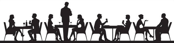 panorama von silhouetten von menschen, die essen und essen und trinker in ein café oder restaurant-vektor-illustration - eating silhouette men people stock-grafiken, -clipart, -cartoons und -symbole