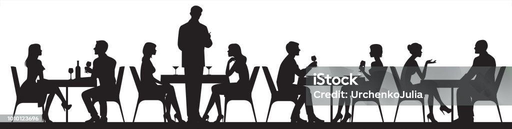 Panorama des silhouettes des gens de manger de la nourriture et les buveurs dans un café ou un restaurant illustration de vecteur - clipart vectoriel de Silhouette - Contre-jour libre de droits