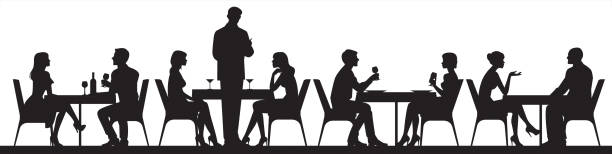 ilustrações de stock, clip art, desenhos animados e ícones de panorama of silhouettes of people eating food and drinkers in a cafe or restaurant vector illustration - eating silhouette men people