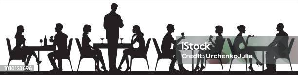 Panorama Of Silhouettes Of People Eating Food And Drinkers In A Cafe Or Restaurant Vector Illustration Stock Illustration - Download Image Now