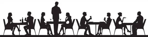 Vector illustration of Panorama of silhouettes of people eating food and drinkers in a cafe or restaurant vector illustration