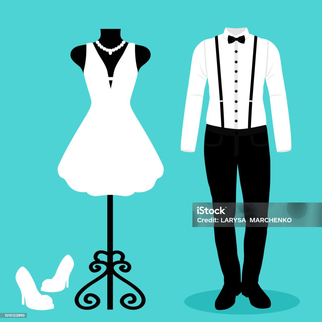 Wedding card with the clothes of the bride and groom. Wedding se Wedding card with the clothes of the bride and groom. Wedding set. Beautiful wedding dress and tuxedo. Vector illustration. Suspenders stock vector