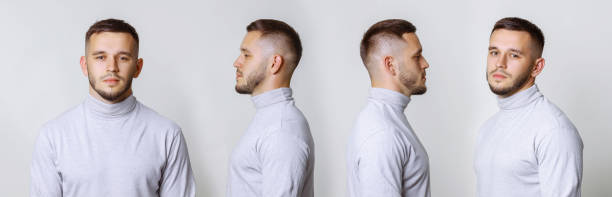istock Set collage handsome young man in white turtleneck standing on grey background. Different angle view of a young handsome man face. 1010128778