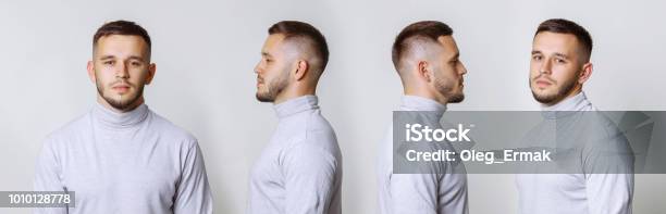 Set Collage Handsome Young Man In White Turtleneck Standing On Grey Background Different Angle View Of A Young Handsome Man Face Stock Photo - Download Image Now