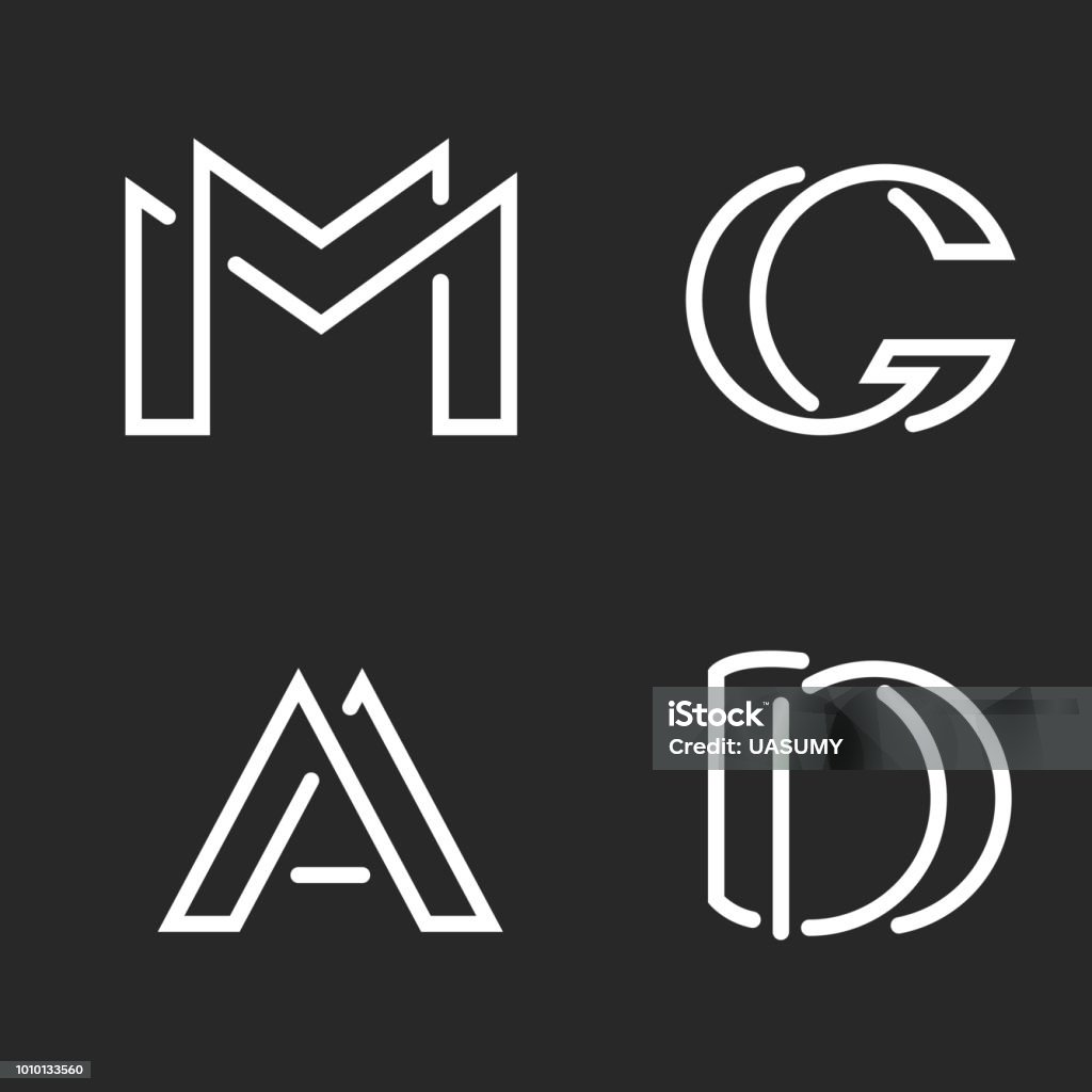 Set logo M, D, A, G letters monograms logos, group creative linear marks, overlapping black and white thin lines business or wedding card emblems Logo stock vector