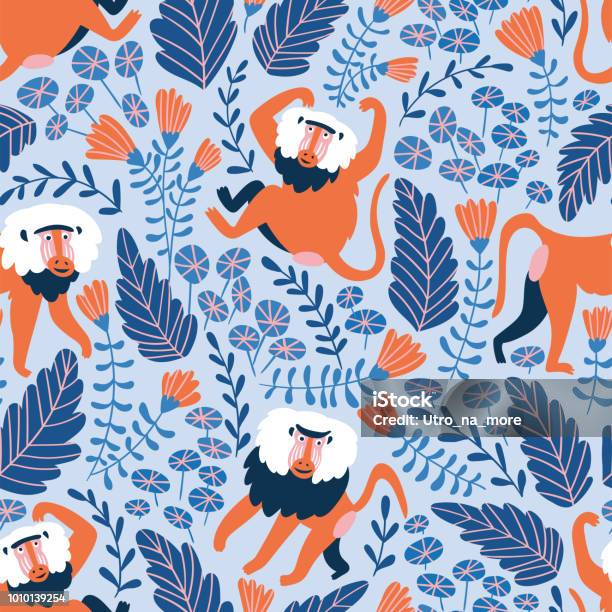 Set Of Funny Monkeys In Different Poses In Flowers And Leaves Vector Hand Drawn Tropical Illustration With Cute Baboons Seamless Pattern For Animal Fabric Design Stock Illustration - Download Image Now