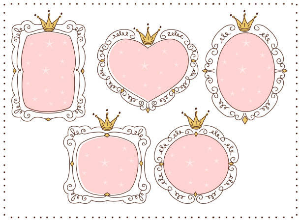 Set of cute doodle mirrors. Princess vector element of design. Pink frames with crown, tiara. Sketch hand drawn. Child's picture. Invitation birthday template. Baby shower girl card. Decorative border mirror object borders stock illustrations