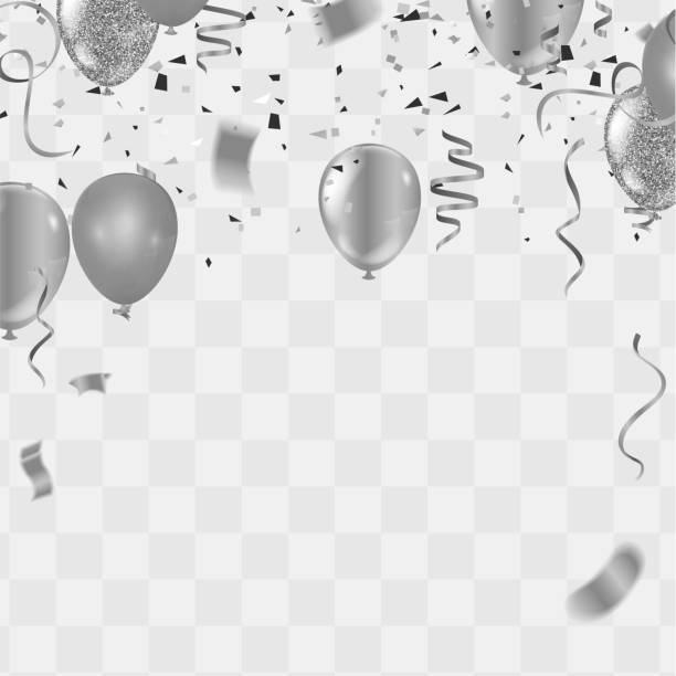 srebrne balony, konfetti i streamery na białym tle. ilustracja wektorowa. - entertainment bright carnival celebration stock illustrations