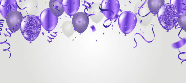 illustrations, cliparts, dessins animés et icônes de stock vector illustration parti vol réaliste ballons violets pourpres. effet macro défocalisé. modèles de pancartes, banderoles - confetti balloon white background isolated