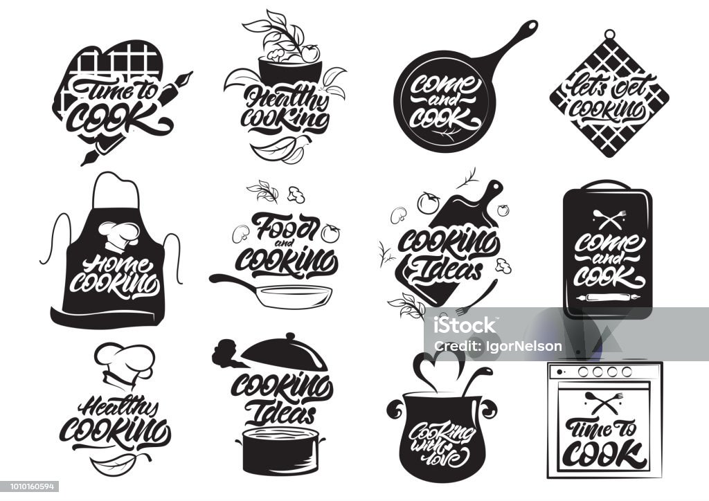 Cooking logos set. Healthy cooking. Cooking idea. Cook, chef, kitchen utensils icon or logo. Lettering vector illustration Logo stock vector