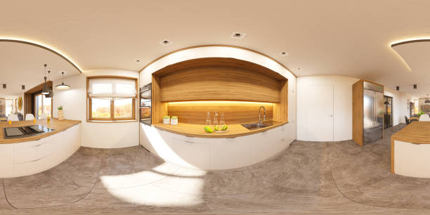 istock Privat house in modern style. 3d illustration spherical 360 degrees, seamless panorama of living room and kitchen interior design. Rendered picture 1010172072