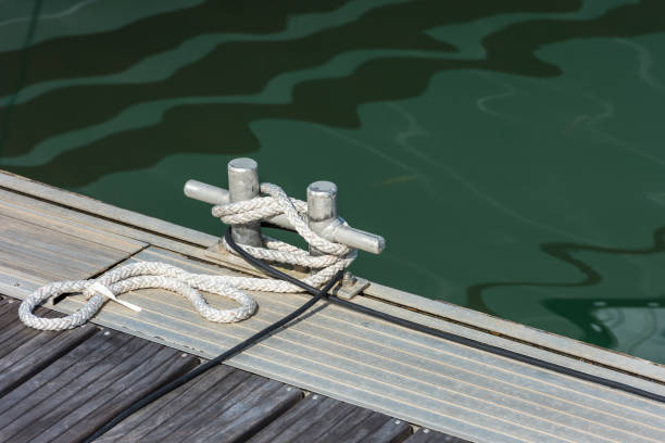 rope and cleat on wooden pier.