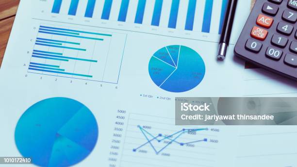 Many Charts And Graphs Reflect The Companys Concept Of Data Collection And Statistical Performance In The Past Year Stock Photo - Download Image Now