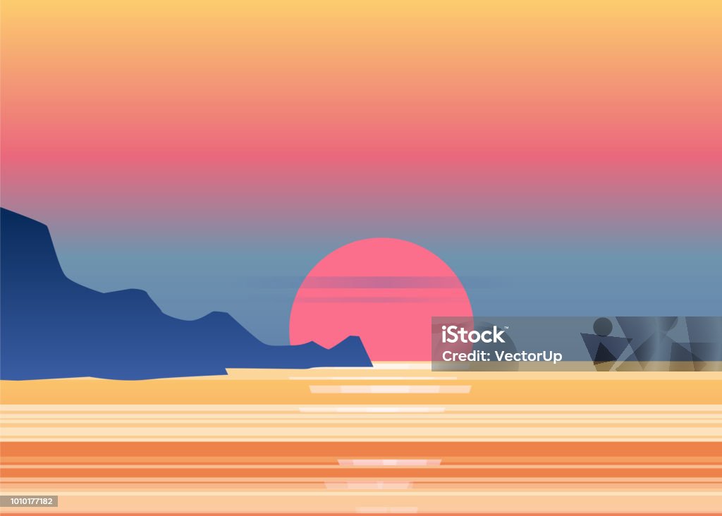 Sunset osean, sea, landscape with mountains and sun, evening. Panorama of mountains, on sunset, dusk, vector, isolated Sunset osean, sea, landscape with mountains and sun, evening. Panorama of mountains Sunset stock vector