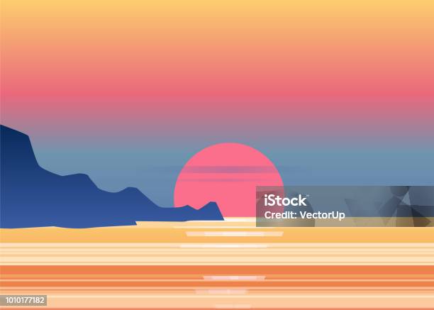 Sunset Osean Sea Landscape With Mountains And Sun Evening Panorama Of Mountains On Sunset Dusk Vector Isolated Stock Illustration - Download Image Now