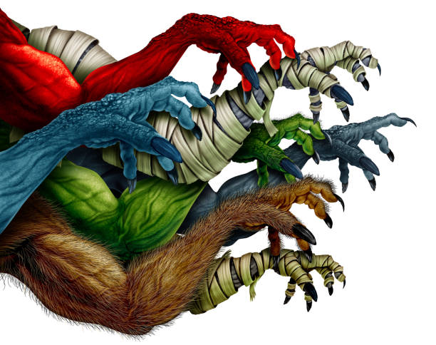 Group of monster arms isolated on a white background as a grabbing zombie mummy werewolf and red demon as a creepy halloween design element in a 3D illustration style.