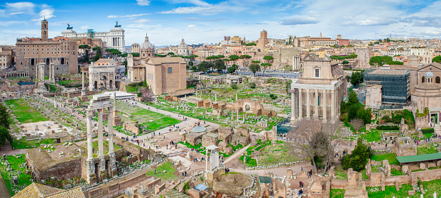 panorama of Roman Forum ruins in Rome city, Italy