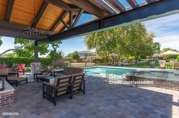Modern Pool Stock Photo - Download Image Now - Yard - Grounds, Patio, Swimming Pool