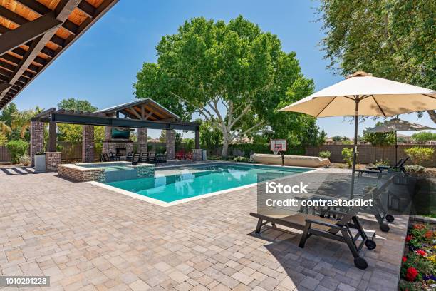 Modern Pool Stock Photo - Download Image Now - Swimming Pool, Deck, Yard - Grounds