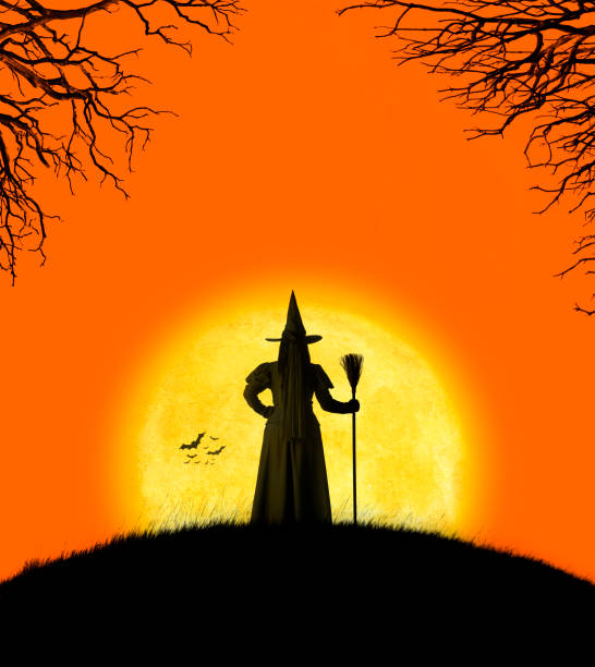 istock Witch Stands On Small Hill In Front Of Halloween Moon 1010201824