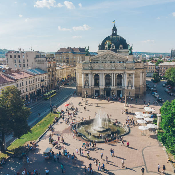istock LVIV, UKRAINE - June 3, 2018: square before lviv opera. aerial view 1010211406