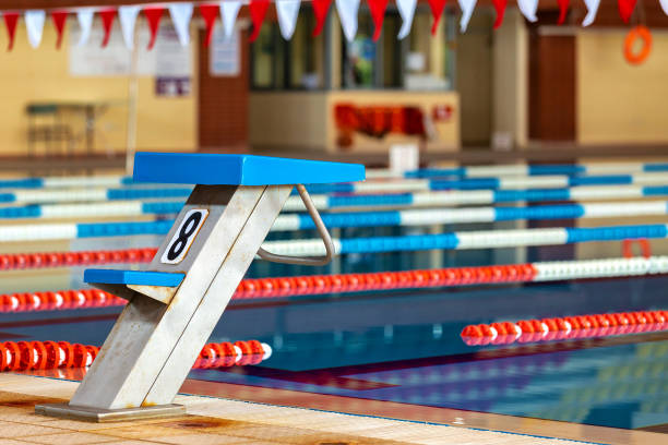 istock Swimming pool starting block with number on it. 1010212108